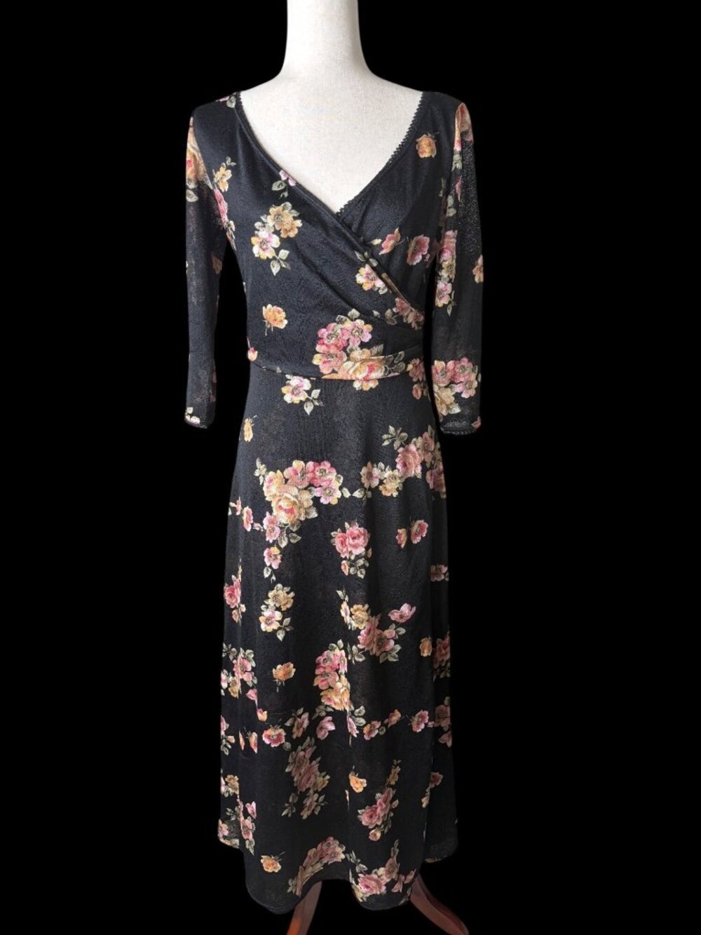 Vtg Y2K NPN Sheer Wrap Black 10 floral Maxi Dress Dark Romantic Whimsigoth read